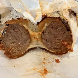 the inside of a meatball sandwich
