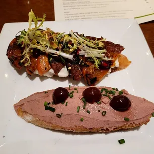 Crostinis: liver pate with brandied cherries (bottom). Grilled persimmon with burrata cheese (top) $6 each