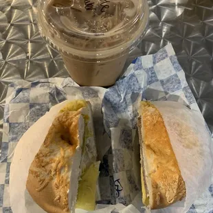 Egg, sausage, and cheese bagel with a Turtle Iced Latte.