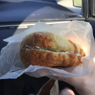 Jalapeno cheddar bagel, toasted, scallion CC.