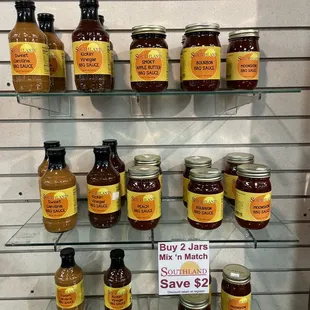 Shelves if interesting sauces, jams and spreads!