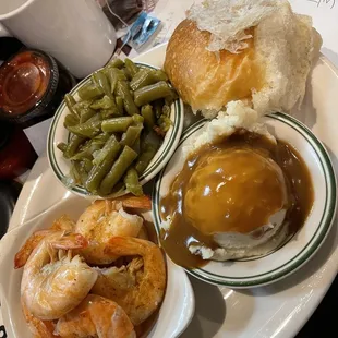 Steamed Shrimp dinner with green beans and mashed potatoes