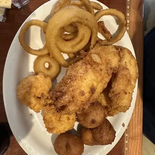 Fried flounder and shrimp ... good hush puppies too! $16.99, salad bar add on $3.99, add to chug $1 for onion rings