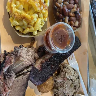 Ribs, pulled pork, Mac-n-cheese, baked beans