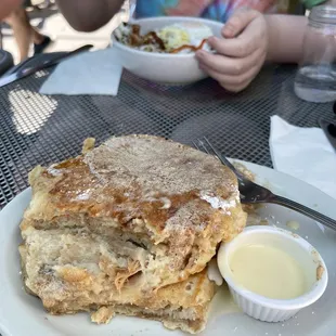 Bread pudding pancakes and the hash bowl.