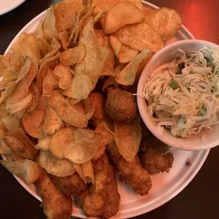 Fish &amp; Chips (with slaw and hush puppies!) yum!