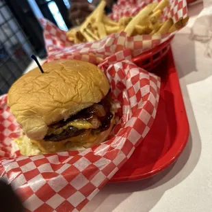 a cheeseburger and fries