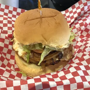 Original burger, with lettuce, grilled onions, tomato, &amp; fried egg. DELICIOUS!