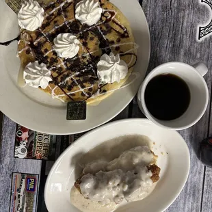 Chocolate chip pancakes. Fried chicken biscuit smothered in sausage gravy.