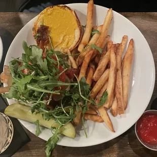 Steak burger and fries.