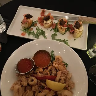 Calamari, beef bruschetta
