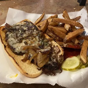 Blackened Prime Rib sandwich with fries