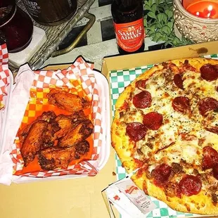 Lemon Pepper Wings, Buffalo Wings, Pepperoni &amp; Beef Pizza