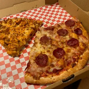 One slice left of Buffalo chicken and yummy pepperoni!