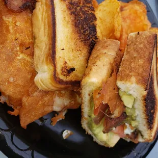 a grilled sandwich and potato chips