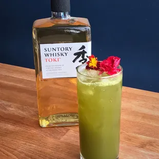 Osaka To Me made with Suntory whiskey, matcha, lemon, honey-ginger syrup.