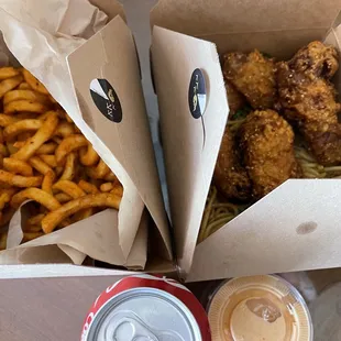 My Curly Fries and Chicken Wings with Garlic Noodles order from Southside Station in Berkeley.