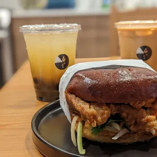 Thai Milk Tea with Boba, Lemonade Boba, Fried Chicken Sandwich