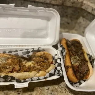 Chicken cheesesteak (left) and steak cheesesteak (right)