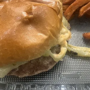 a cheeseburger and fries