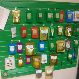 Herb wall - blue lotus, lions mane, yohimbe bark, turmeric, Valerian root, gun powder green tea, matcha, and more.
