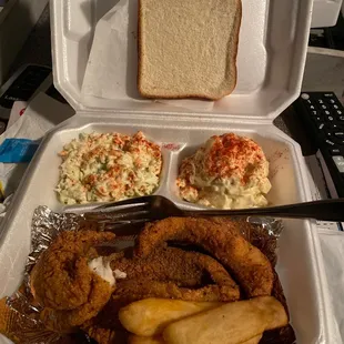 Catfish fillet potato salad and coleslaw