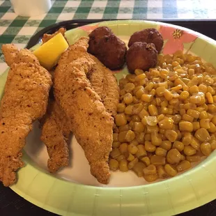Fillets. Hush puppies.  Corn.