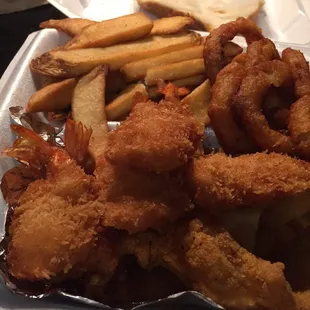Combo Platter.  5 Shrimp and 3 Catfish Fillet.  2 sides for $12.00