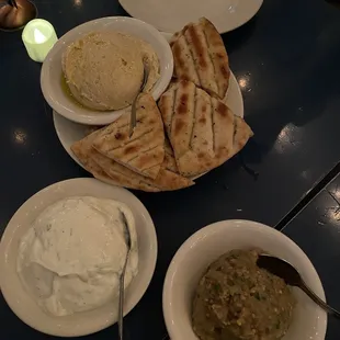 Three dip sampler eggplant, hummus and tzatziki