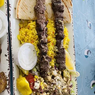 Beef Souvlaki Platter with rice