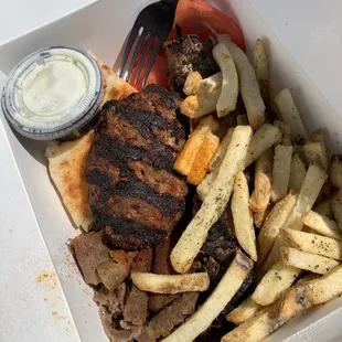 Three 3 Piece Souvlaki Plate with bifteki, gyro, and pork