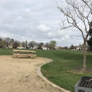 Tables and lots of grass to play with dogs or do sports.