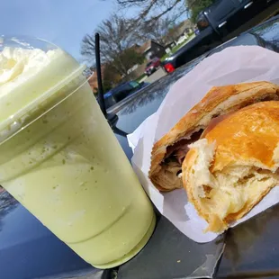 Pistachio smoothie and jalapeno ham cheese croissant