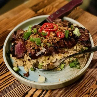 Char-Grilled New York Steak. &quot;Beef Tallow Fried Rice&quot;