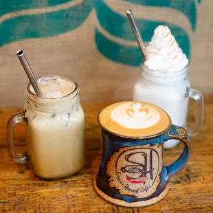 Our spring special drinks: Brown Sugar Vanilla Oat Milk Latte and Chai Frappe