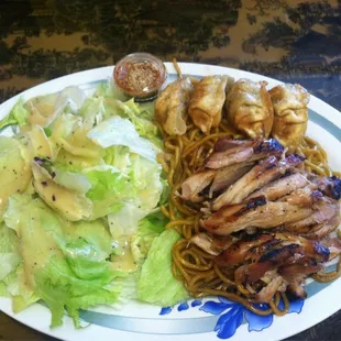 Chicken goyza plate, noodles subbed for the usual rice.