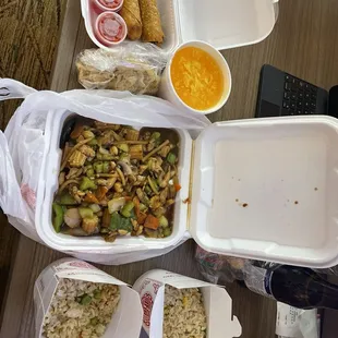 Kung Pao Chicken, Fried Rice, egg drop soup, egg rolls