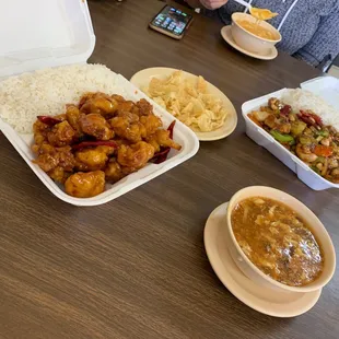 General Tso Chicken, Kung Pao Vegetable, egg drop and sweet and sour soup!