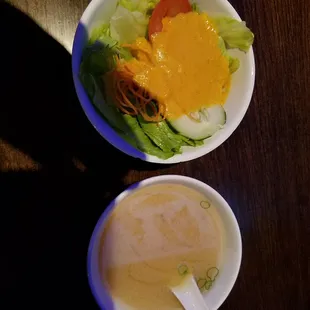 The salad and Miso soup that comes with the Hibachi dinner.