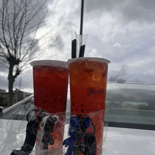 Two Boba tea drinks that also came with free teddy bear keychains to promote their grand opening.