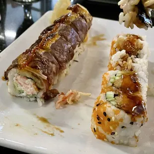 Surf and Turf Roll on left  and (I think) the Dragon Roll on right.