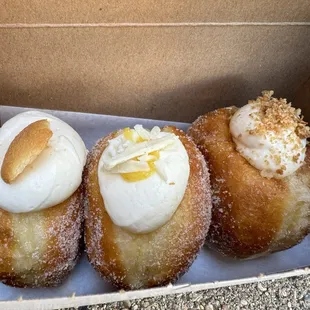 August 2024 Brioche donuts: Vanilla, passion fruit, and peach cobbler