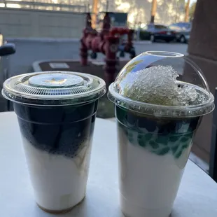 1)Pandan jelly, grass jelly and basil seed 2) Pandan jelly and boba  1/1/23