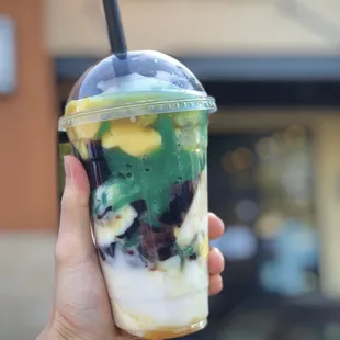 Soy Pudding Combination (soy pudding, pandan jelly, boba, red bean, sago, grass jelly and basil seed. Also added japanese pudding)