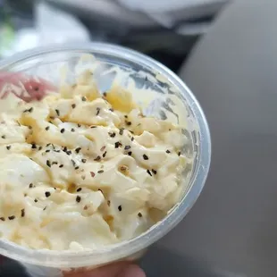 Yellow side dish, egg salad.