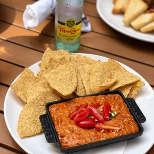 Zen Queso(Chihuahua Cheese, Hatch Green Chilis, Vegan Chorizo, Pico de Gallo, Warmed Corn Chips).