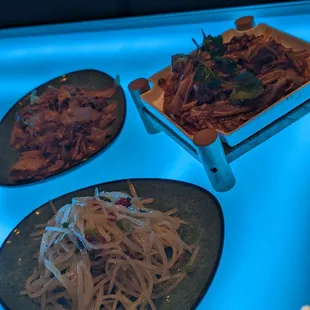 Sliced potato salad (front), Sliced Beef &amp; Beef Offal in Chili Sauce (Back Left), Pig Ears in Chili Oil Sauce (Back Right)