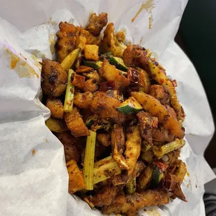 Stir-fry frog legs with fries, zucchini and celery was so good!