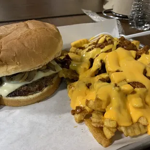 Mushroom Swiss Burger with Chili Cheese Fries (very generous portions!)