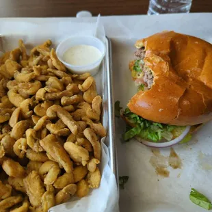 Burger and fried mushrooms
